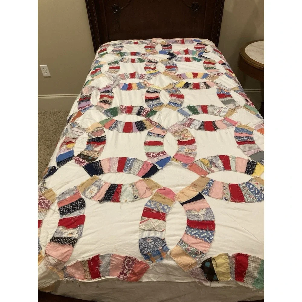 Vintage Handmade Double Wedding Quilt Topper Unfinished Patchwork 60